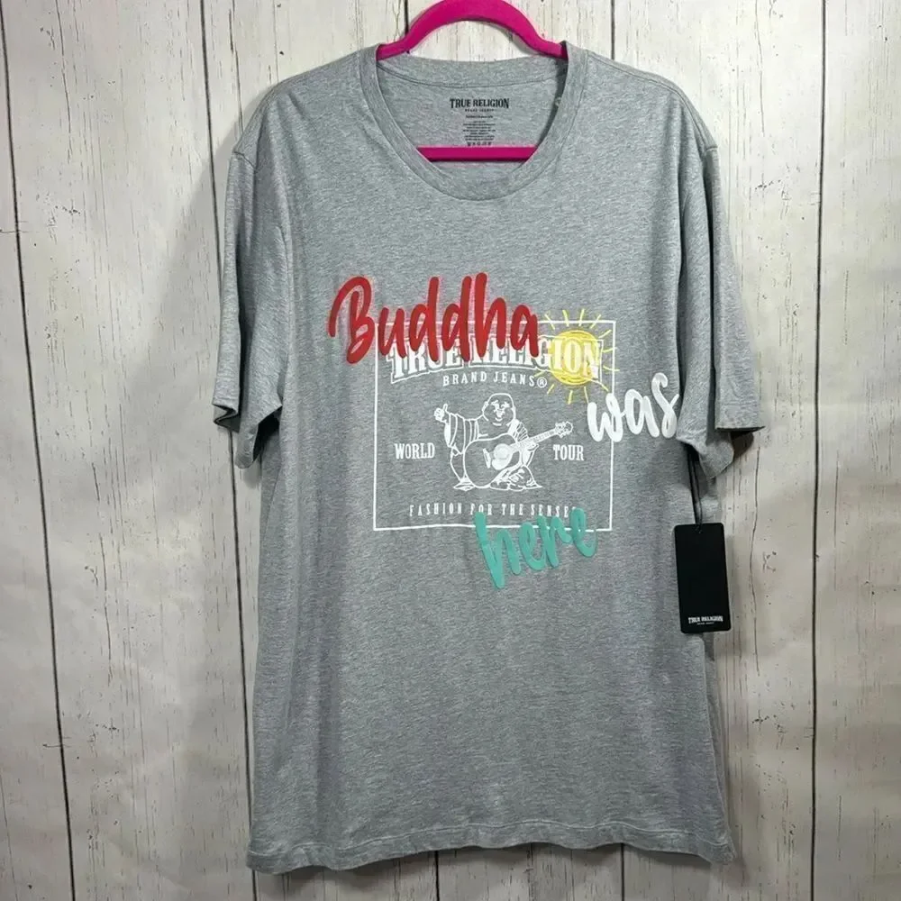 True Religion Buddha Was Here Graphic Tee Heather Gray Streetwear Skater XXL